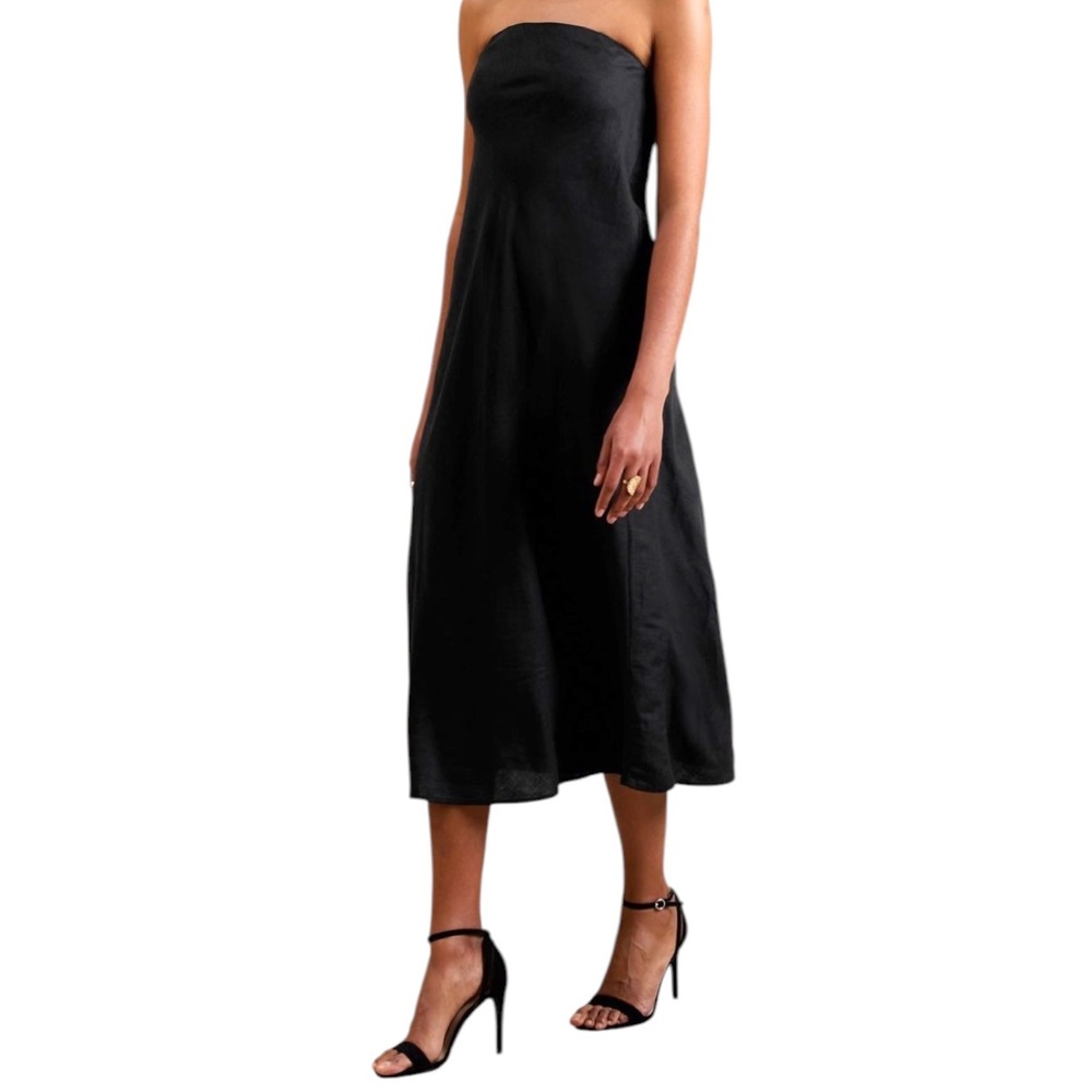 Banana Republic Black Linen Strapless Midi Dress Size 4 Lined A-Line Minimalist
